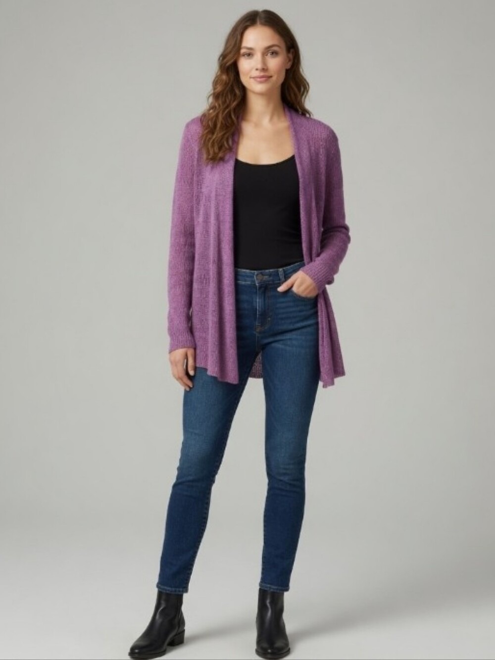Eileen Fisher Lilac Purple Open-Front Women's Cardigan 100% Linen Sweater Medium